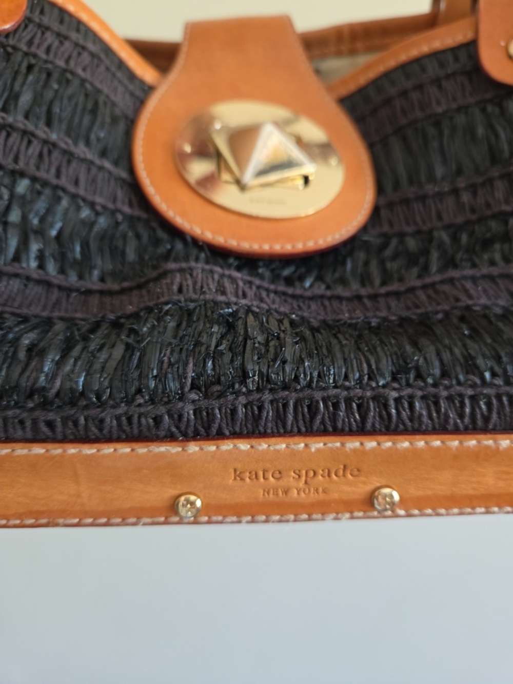 Vintage Kate Spade black straw purse handbag wooden bottom leather trim - Picture 6 of 12